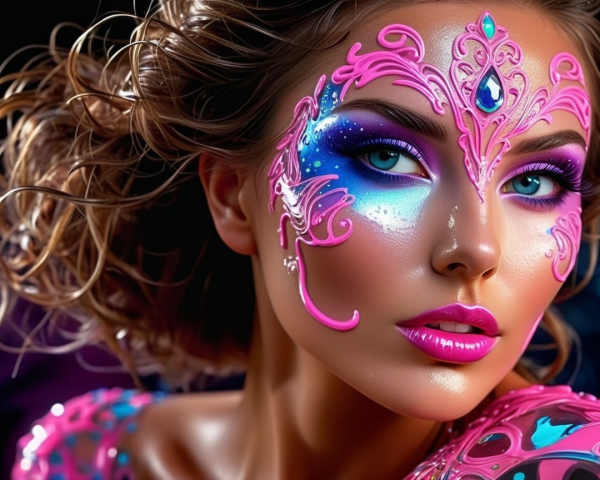 Portrait of a Woman with Vibrant Face Paint and Hair