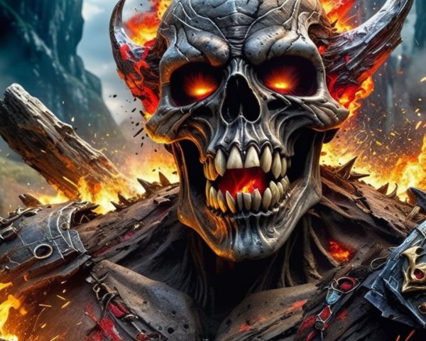 Menacing Skull Surrounded by Flames and Smoke
