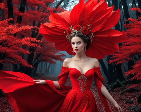 Elegant woman in vibrant red forest attire