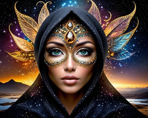 Woman with Intricate Makeup in Cosmic Setting