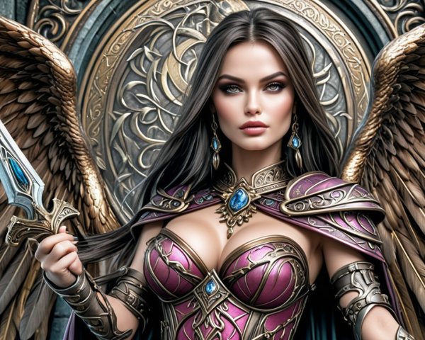 Fantasy Warrior Woman in Gemstone Armor with Wings