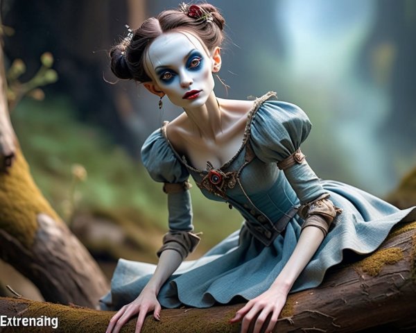 Whimsical Figure in Vintage Dress in Enchanted Forest