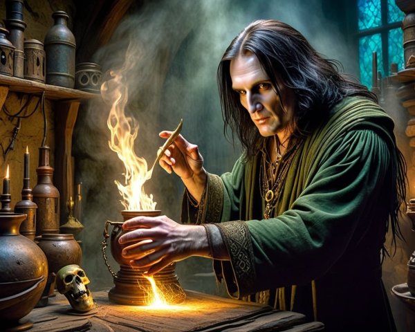 Mysterious Sorcerer Stirring Cauldron in Dim Room