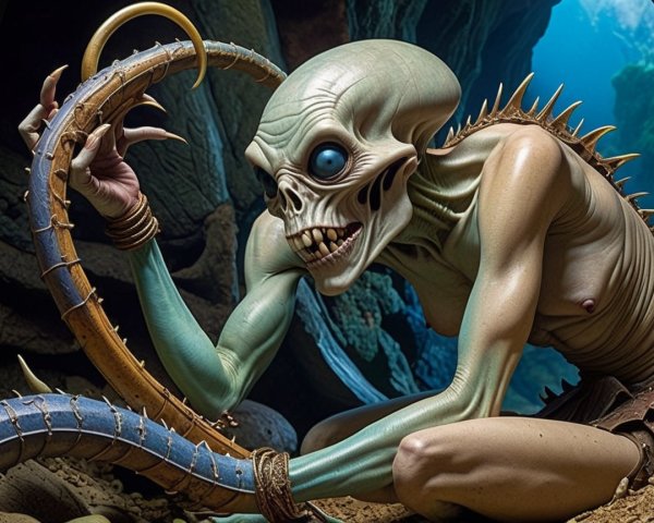 Surreal Underwater Creature with Glowing Blue Eyes