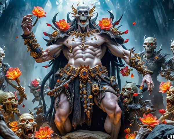 Muscular Figure in Armor Surrounded by Skeletal Warriors