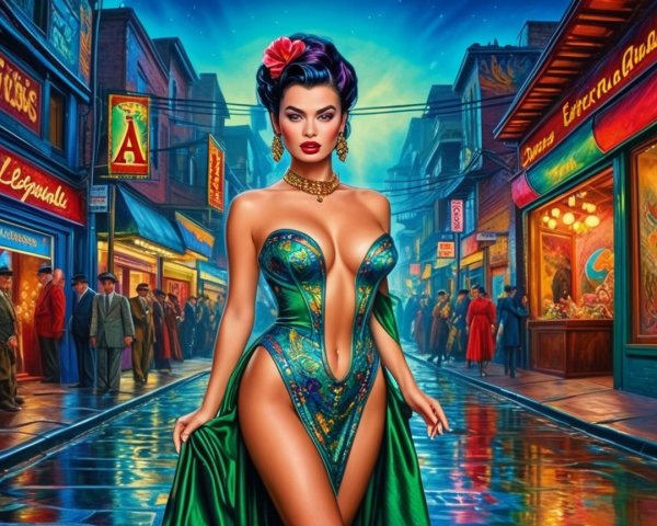 Glamorous Gown and Colorful Street Scene Description