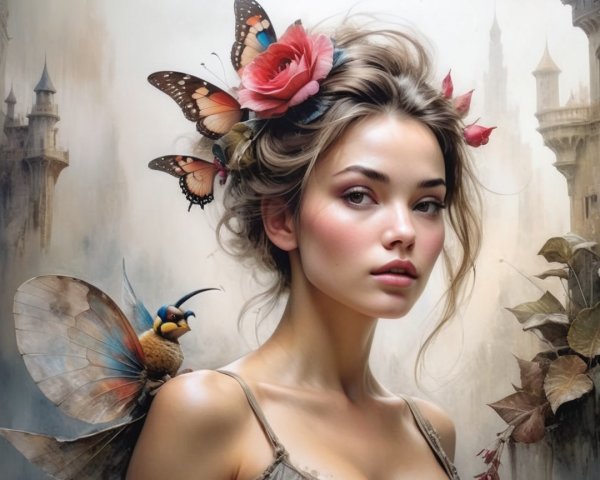 Young woman with butterflies in a dreamy landscape