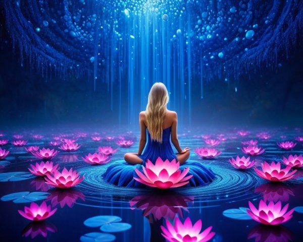 Serene figure in blue dress on tranquil water scene