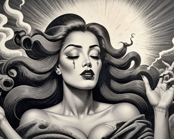 Black-and-white illustration of a woman with tears