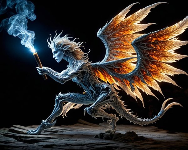 Dragon-like Creature with Wings and Glowing Torch