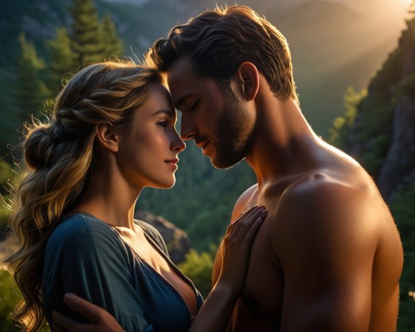 Couple in Intimate Moment in Serene Mountains