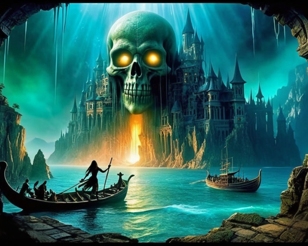 Mystical Seascape with Castle and Glowing Skull