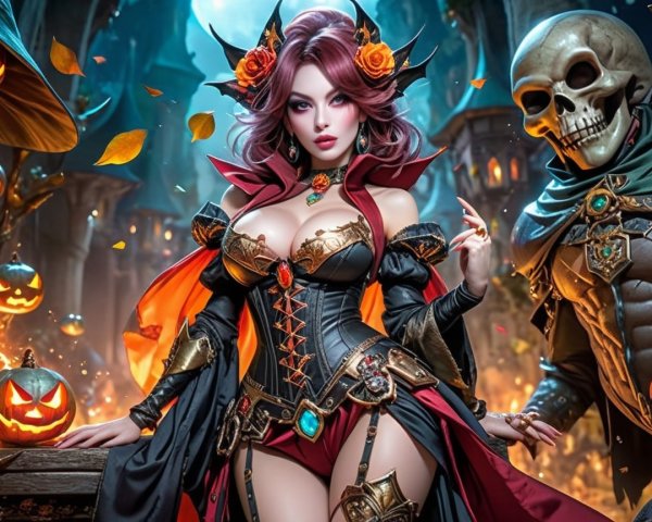 Gothic Character in Halloween Setting with Armor and Cape