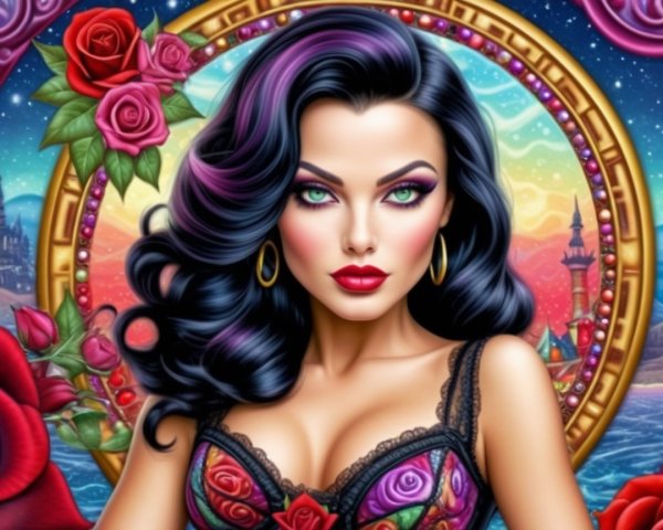 Portrait of a Woman with Black Hair and Colorful Designs