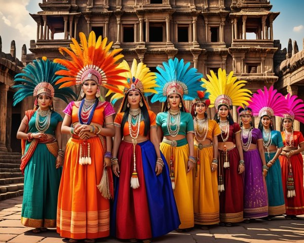 Vibrant Women in Traditional Attire at Temple
