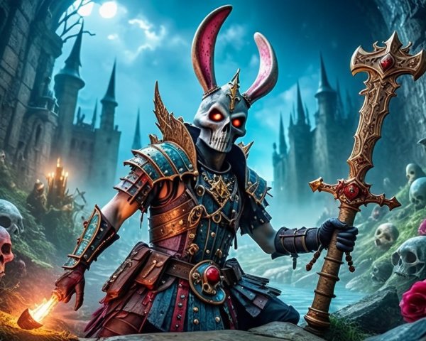 Menacing Figure in Dark Landscape with Armor and Weapon