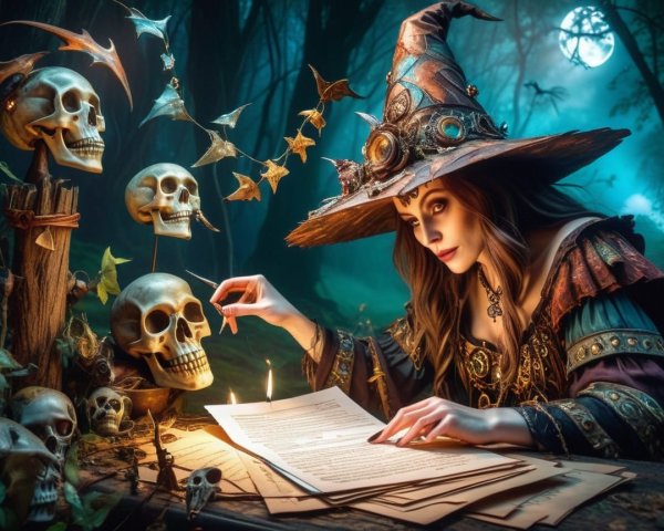 Mystical Sorceress Surrounded by Glowing Skulls