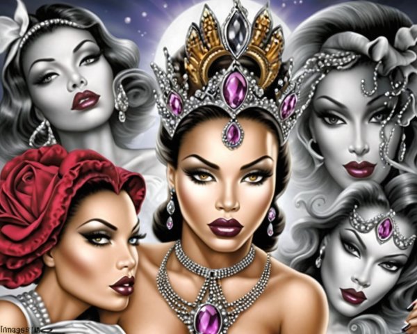 Queen Surrounded by Elegant Women in Vibrant Tones