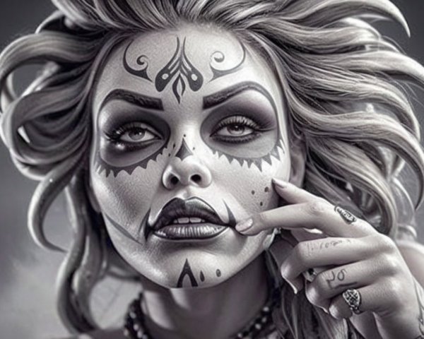 Portrait of a woman with sugar skull makeup and grayscale