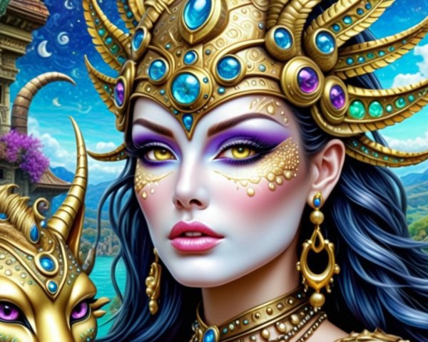 Woman with Golden Crown in Enchanting Landscape