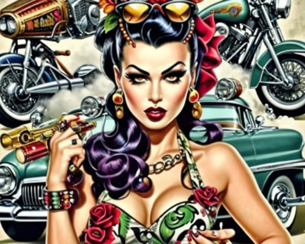 Glamorous Pin-Up Woman with Vintage Motorcycles and Car