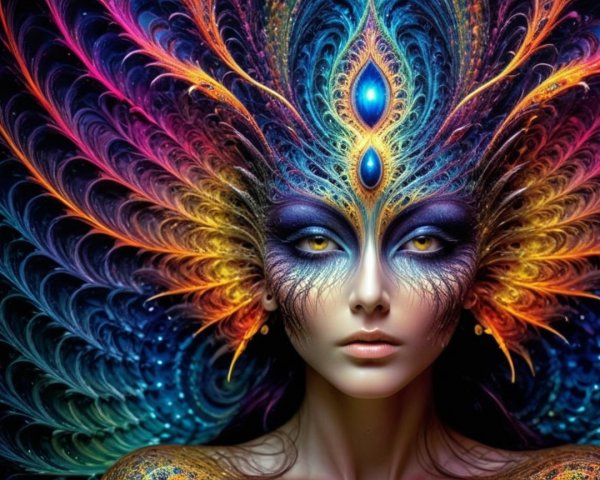 Portrait of a woman with vibrant feather-like patterns