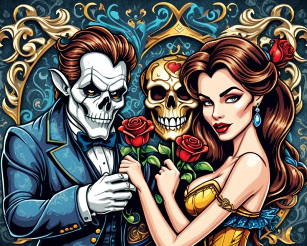 Glamorous Couple with Skeleton in Whimsical Setting