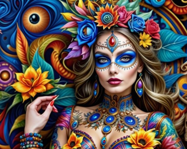 Vibrant Body Paint and Floral Headdress Display