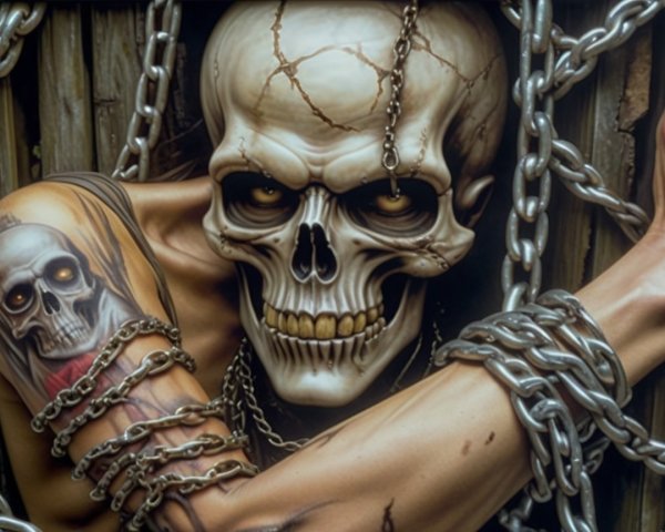 Realistic Skull Surrounded by Chains and Wood Background