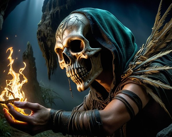 Hooded Figure with Skull Mask and Glowing Flame