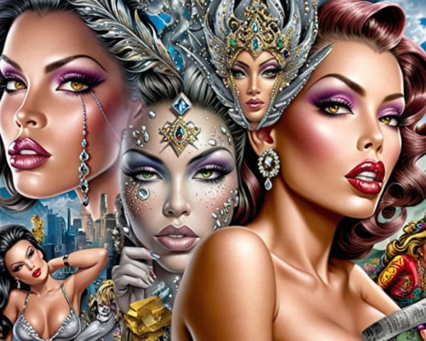 Vibrant Collage of Glamorous Female Figures and Cityscape