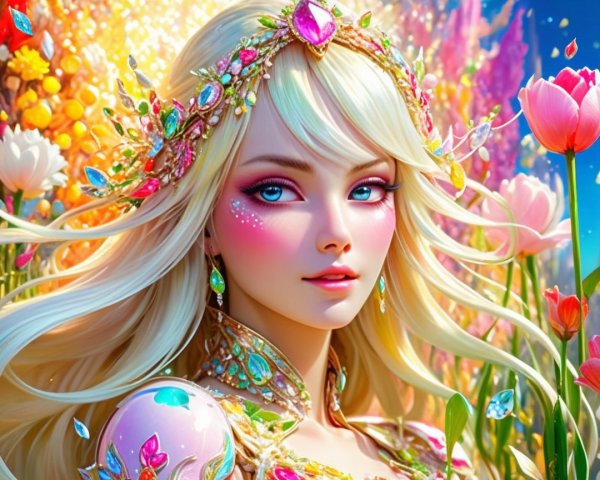 Enchantress in a Colorful Flower Garden Setting