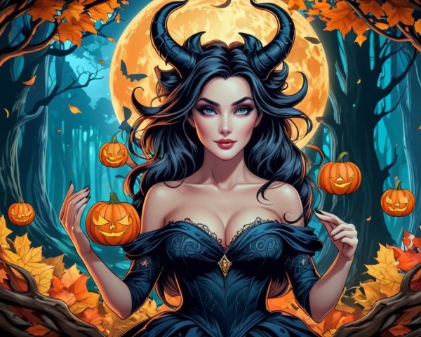 Enchanted Forest Figure with Horns and Jack-o'-Lanterns