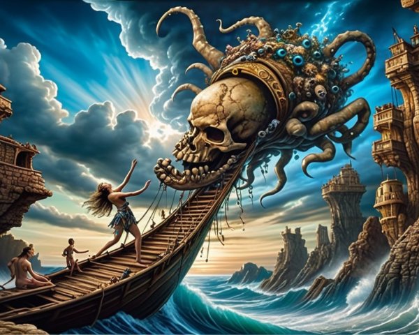 Dramatic Seascape with Skull, Octopus, and Woman
