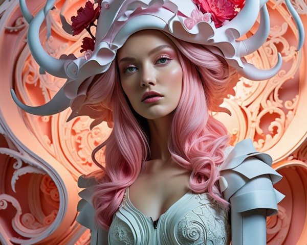 Portrait of a model with floral headpiece and pink hair