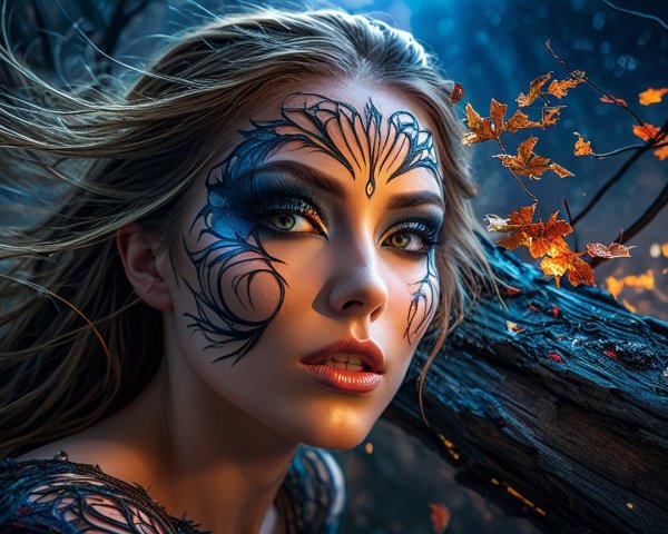 Portrait of a woman with dramatic face paint in nature