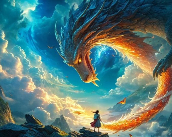 Majestic dragon soaring in a vibrant fantasy sky