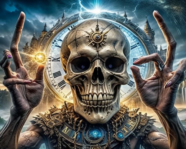 Skeletal Figure with Clockwork Designs and Stormy Sky