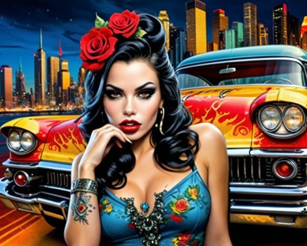 Vintage Glamour with Dark Hair and Classic Car