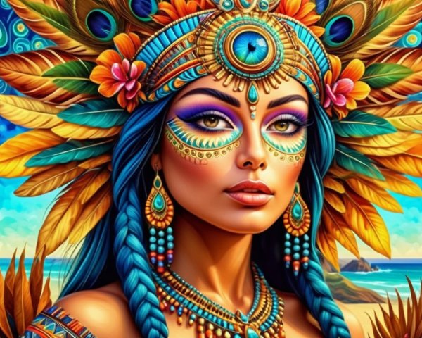 Vibrant Woman in Intricate Jewelry at Beach Scene