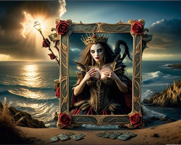 Gothic Figure in Ornate Frame with Turbulent Seascape