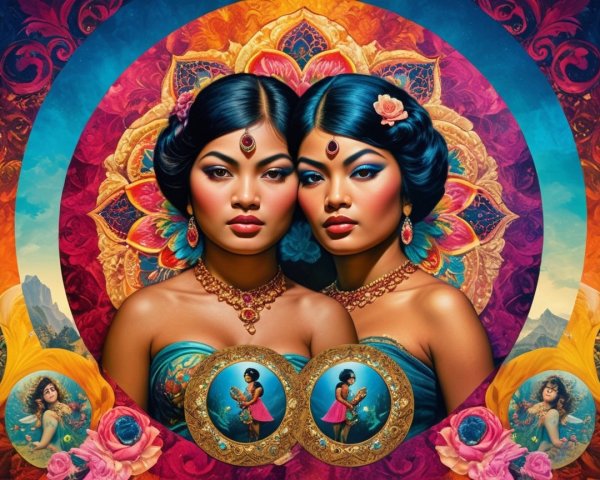 Elegant Women in Blue with Mandala and Floral Background