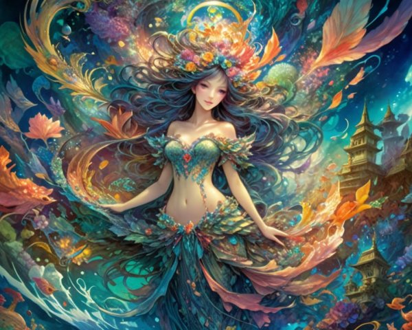 Fantastical Female Figure in Vibrant Floral Setting