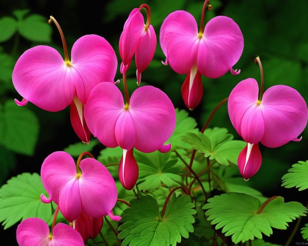 Vibrant Pink Bleeding Heart Flowers Among Green Foliage