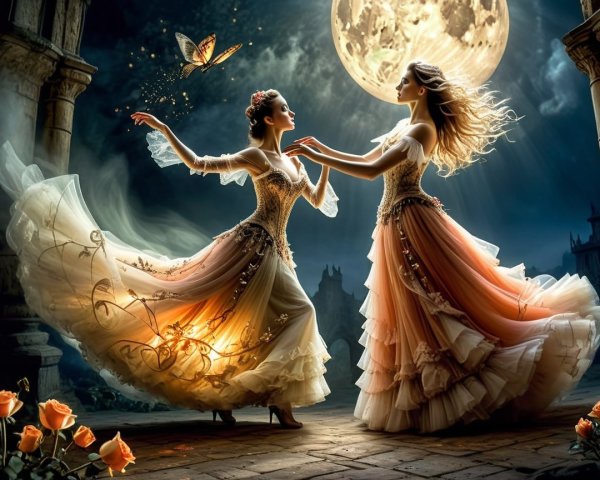 Elegant Dancers Under a Full Moon with Butterflies