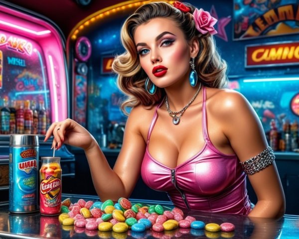 Glamorous Woman in Vintage Arcade with Neon Lights