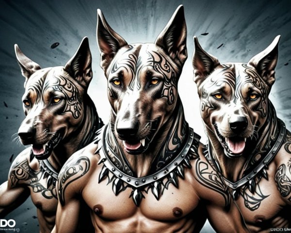 Muscular Figures with Dog Heads and Intricate Tattoos