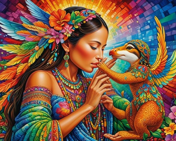 Vibrant Scene of Woman with Mystical Bird Creature
