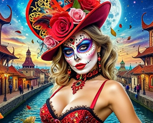 Vibrant Day of the Dead Makeup and Festive Setting