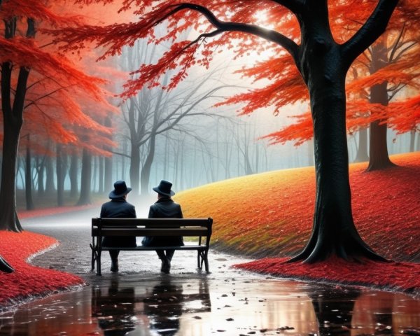 Autumn Landscape with Figures on a Wooden Bench